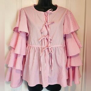Alpha Omega pink and white striped ruffled sleeves shirt Size Small EUC